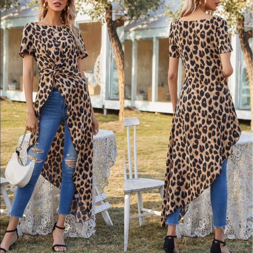 Leopard print knot front high low blouse - Picture 2 of 7